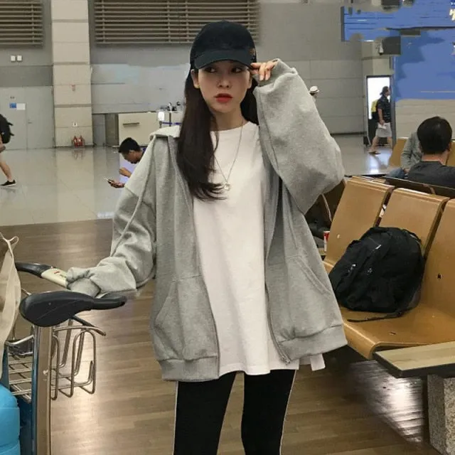 xakxx Zip Up Sweatshirt Spring Autumn Jacket Clothes oversize Hoodies Women plus size Vintage Pockets Long Sleeve Casual Large Coats