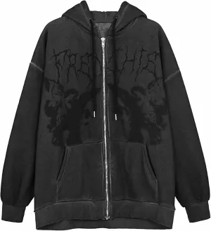 XBTCLXEBCO Y2k Vintage Zip Up Hoodie for Women Oversized Print Long Sleeve Drawstring Hooded Sweatshirt Jacket with Pockets