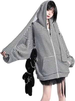Y2K Bunny Ear Hoodie Harajuku Kawaii Striped Zip Up Hoodie Vintage Baggy Hoodie Punk Streetwear Jackets Goth Clothes
