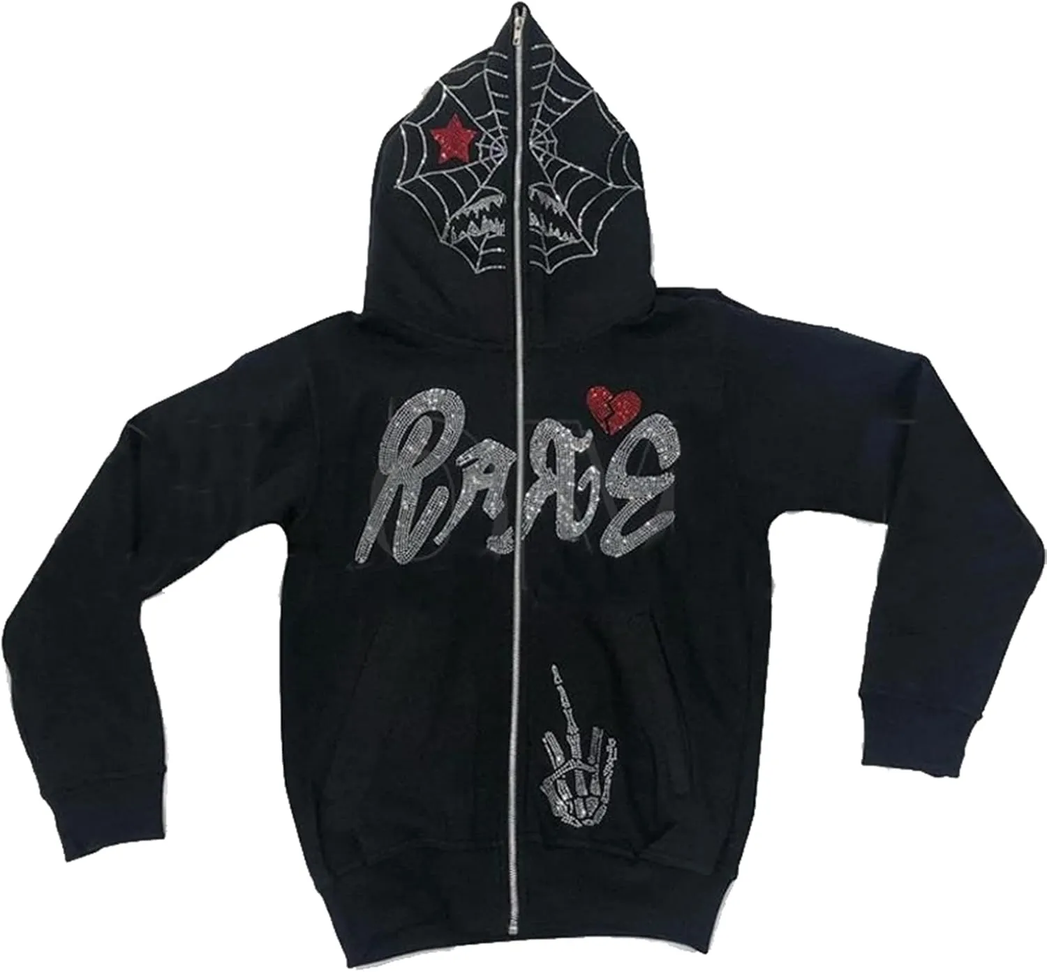 Y2K Skeleton Oversized Full Zip Up Hoodie Women Rhinestone Skull Graphic Sweatshirt E-Girl Streetwear