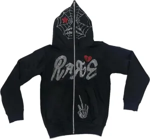 Y2K Skeleton Oversized Full Zip Up Hoodie Women Rhinestone Skull Graphic Sweatshirt E-Girl Streetwear