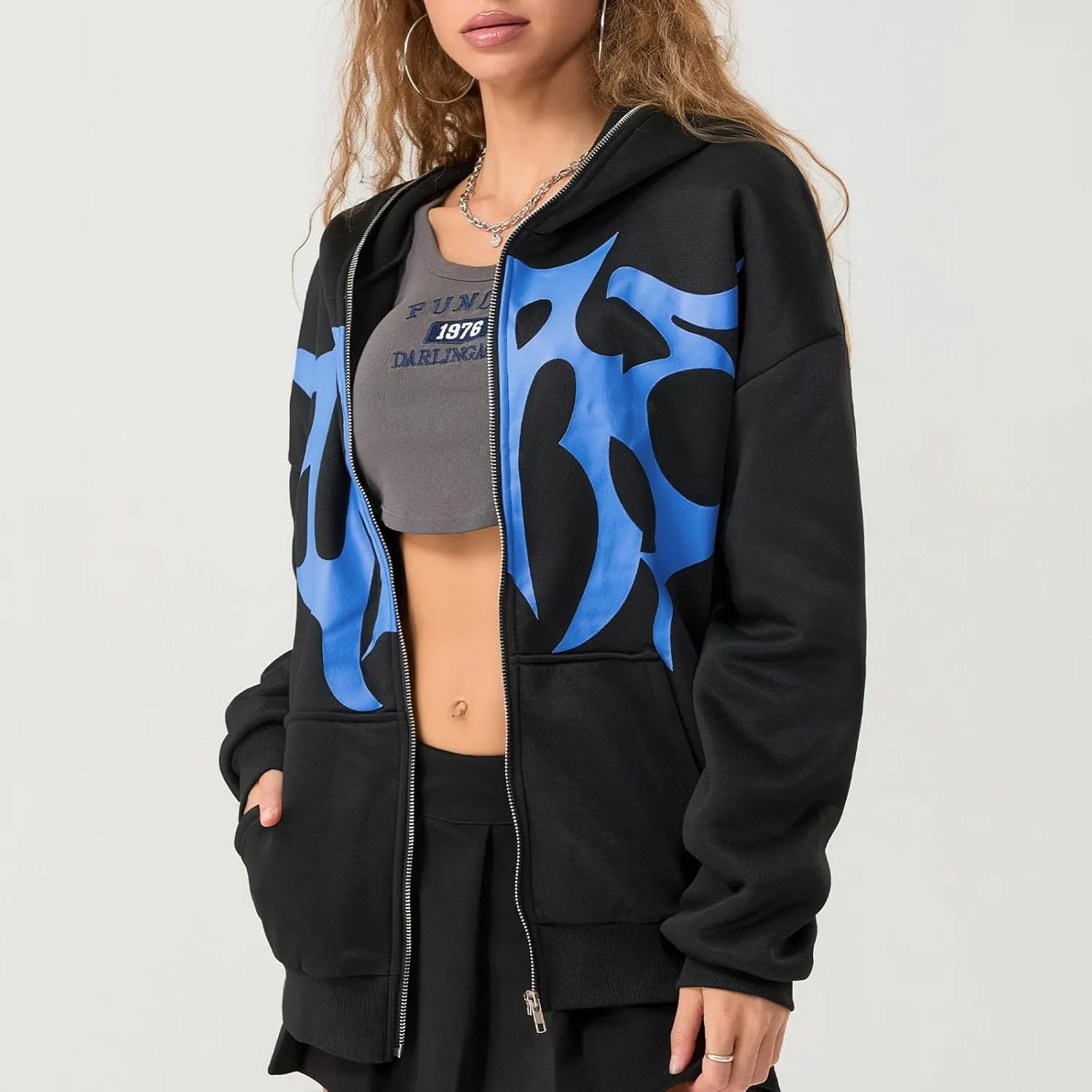 Y2K Zip Up Hoodie for Men Women Star Graphic Letter Print Long Sleeve Sweatshirt Aesthetic Oversized Harajuku Jacket