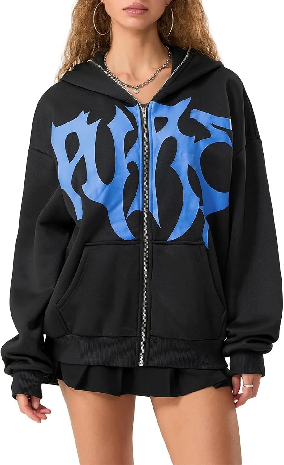 Y2K Zip Up Hoodie for Men Women Star Graphic Letter Print Long Sleeve Sweatshirt Aesthetic Oversized Harajuku Jacket