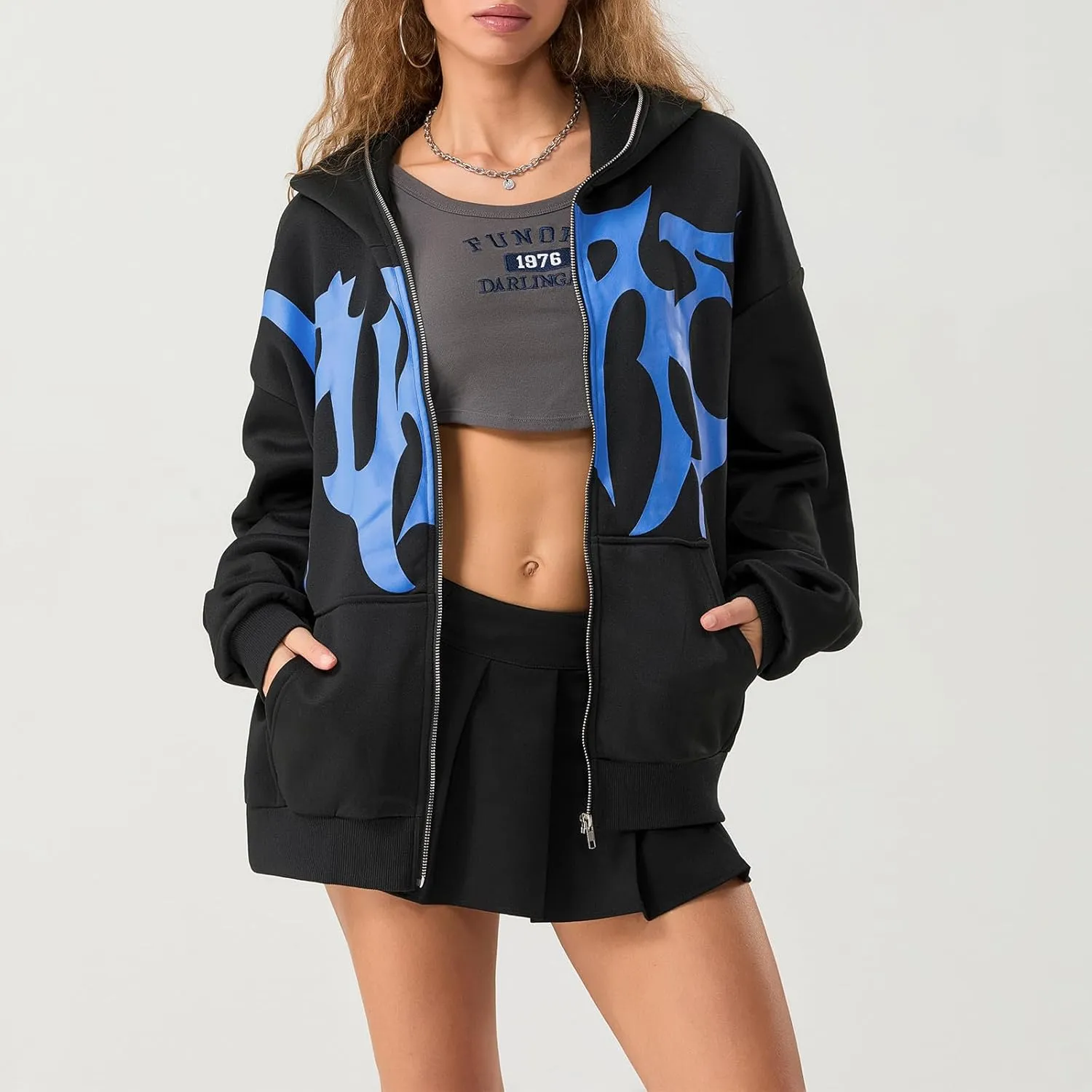 Y2K Zip Up Hoodie for Men Women Star Graphic Letter Print Long Sleeve Sweatshirt Aesthetic Oversized Harajuku Jacket