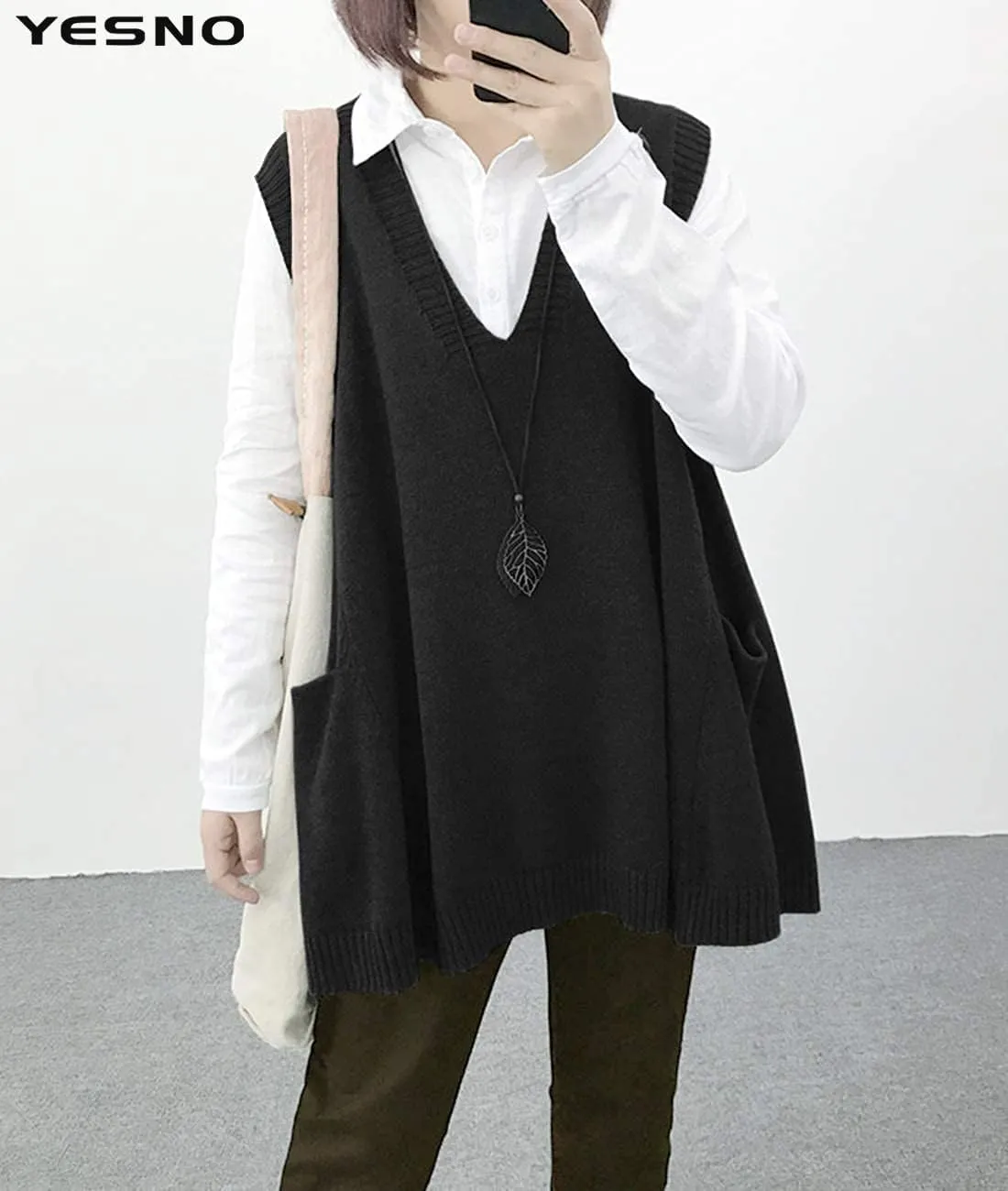 YESNO Sweater Vest Women Loose Swing Cotton Cute Oversized Knit Pullover Sleeveless Sweater Tops with Drop Pockets WM9