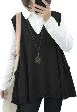 YESNO Sweater Vest Women Loose Swing Cotton Cute Oversized Knit Pullover Sleeveless Sweater Tops with Drop Pockets WM9