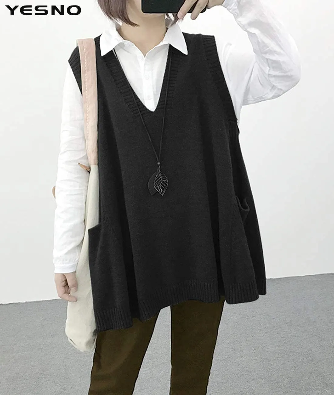 YESNO Sweater Vest Women Loose Swing Cotton Cute Oversized Knit Pullover Sleeveless Sweater Tops with Drop Pockets WM9