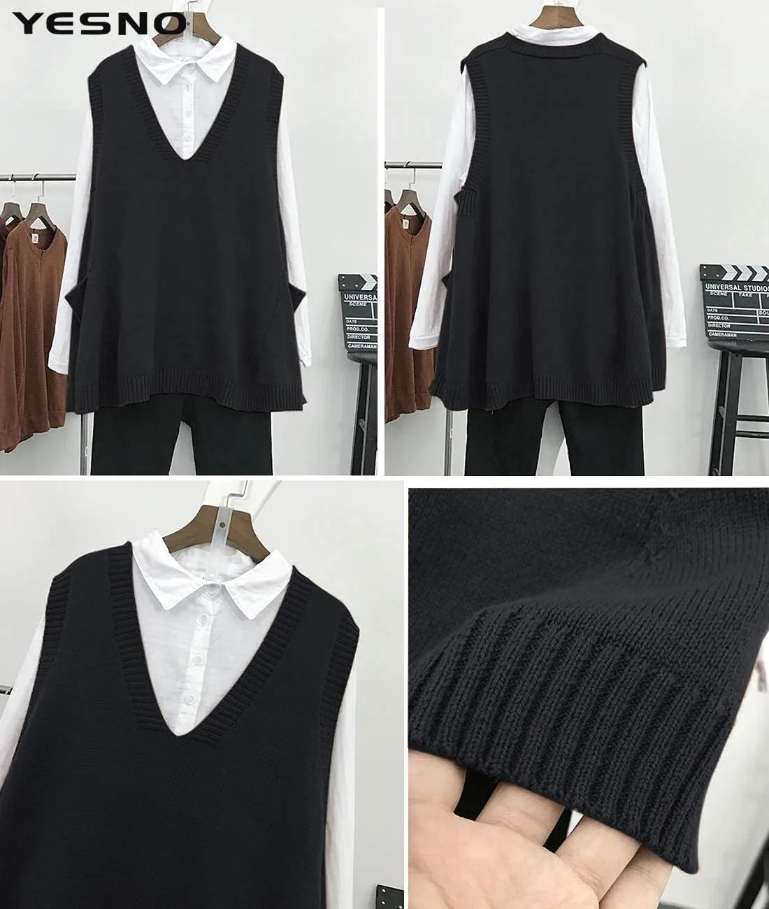YESNO Sweater Vest Women Loose Swing Cotton Cute Oversized Knit Pullover Sleeveless Sweater Tops with Drop Pockets WM9