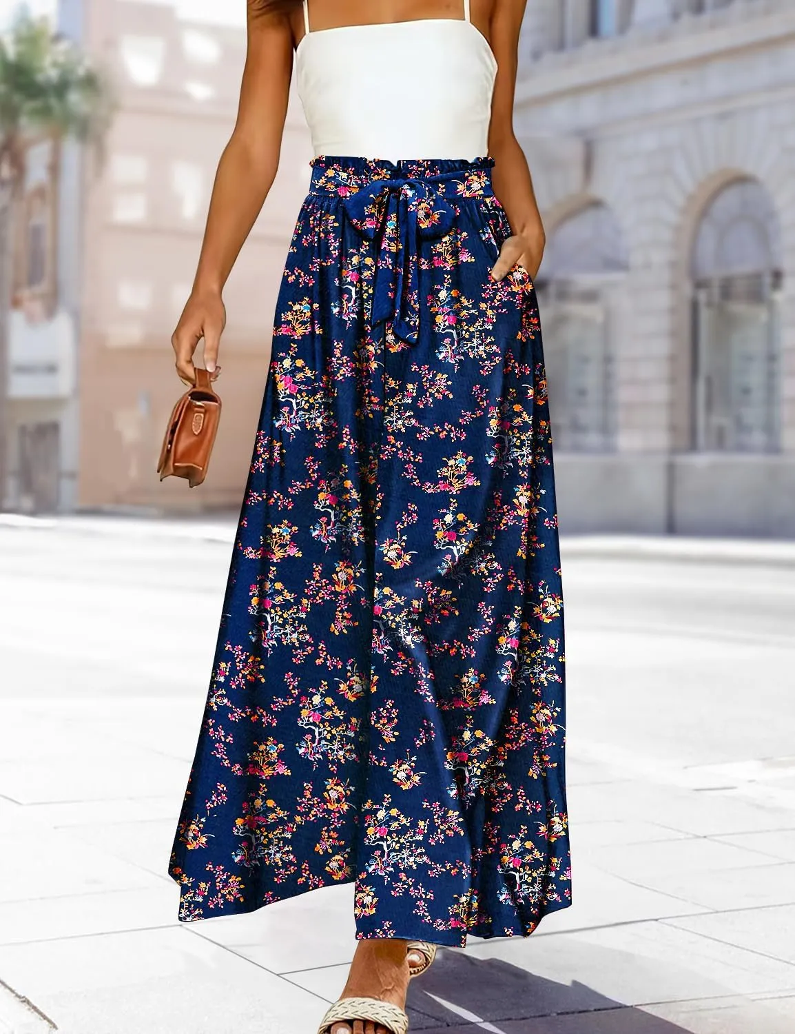 YESNO Women Wide Leg Pants High Waisted Floral Boho Palazzo Culottes Casual Flowy Tie Knot Trousers with Pockets PPS
