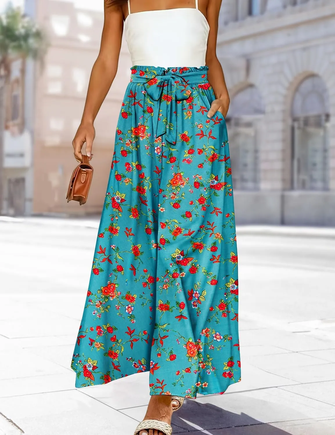 YESNO Women Wide Leg Pants High Waisted Floral Boho Palazzo Culottes Casual Flowy Tie Knot Trousers with Pockets PPS