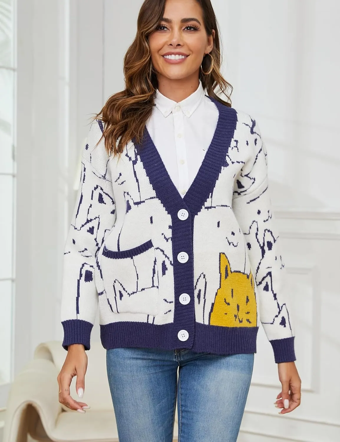 Yimoon Women's Kawaii Cat Cardigan Sweater Oversized V-Neck Button Down Knitted Loose Fit Cardigans