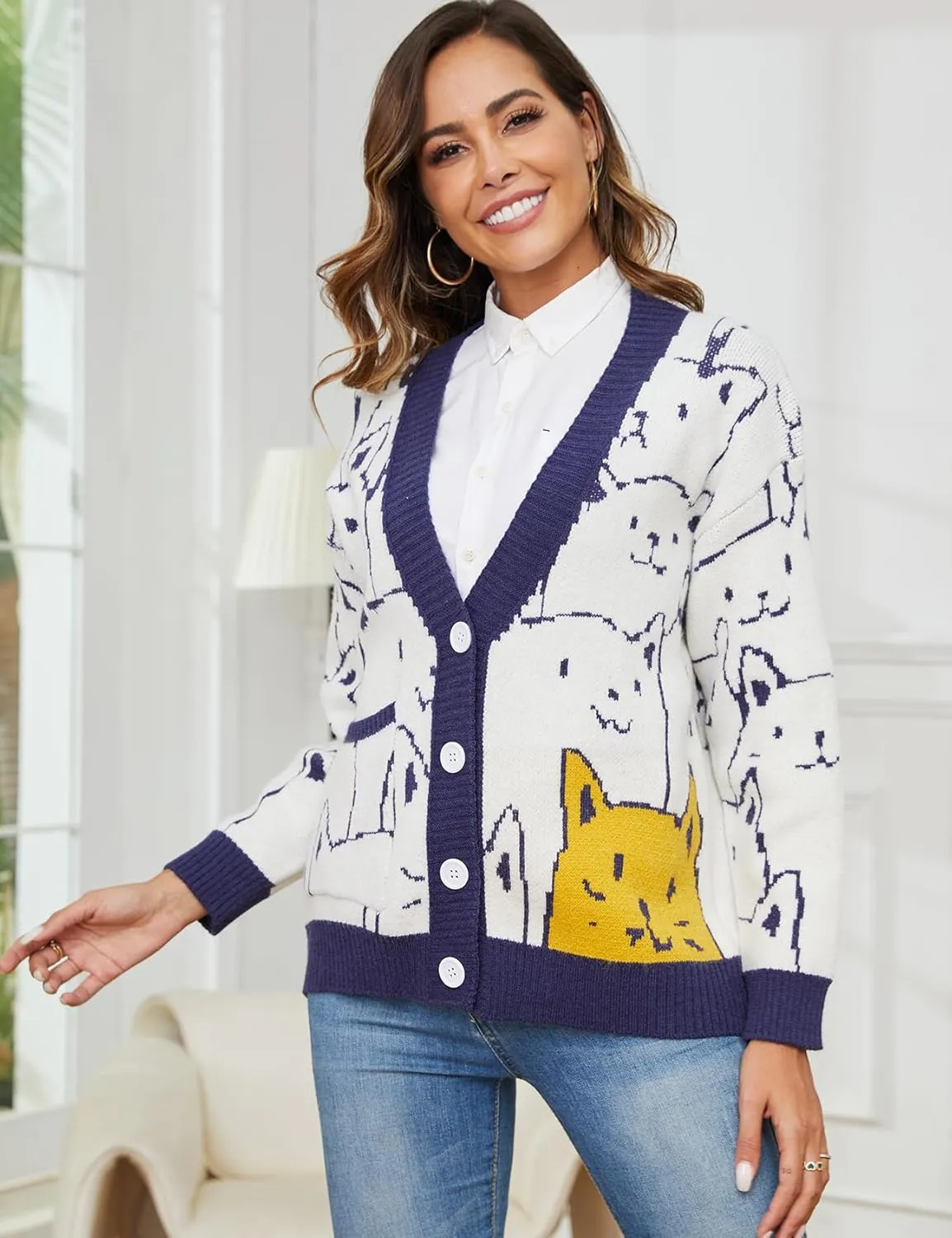 Yimoon Women's Kawaii Cat Cardigan Sweater Oversized V-Neck Button Down Knitted Loose Fit Cardigans