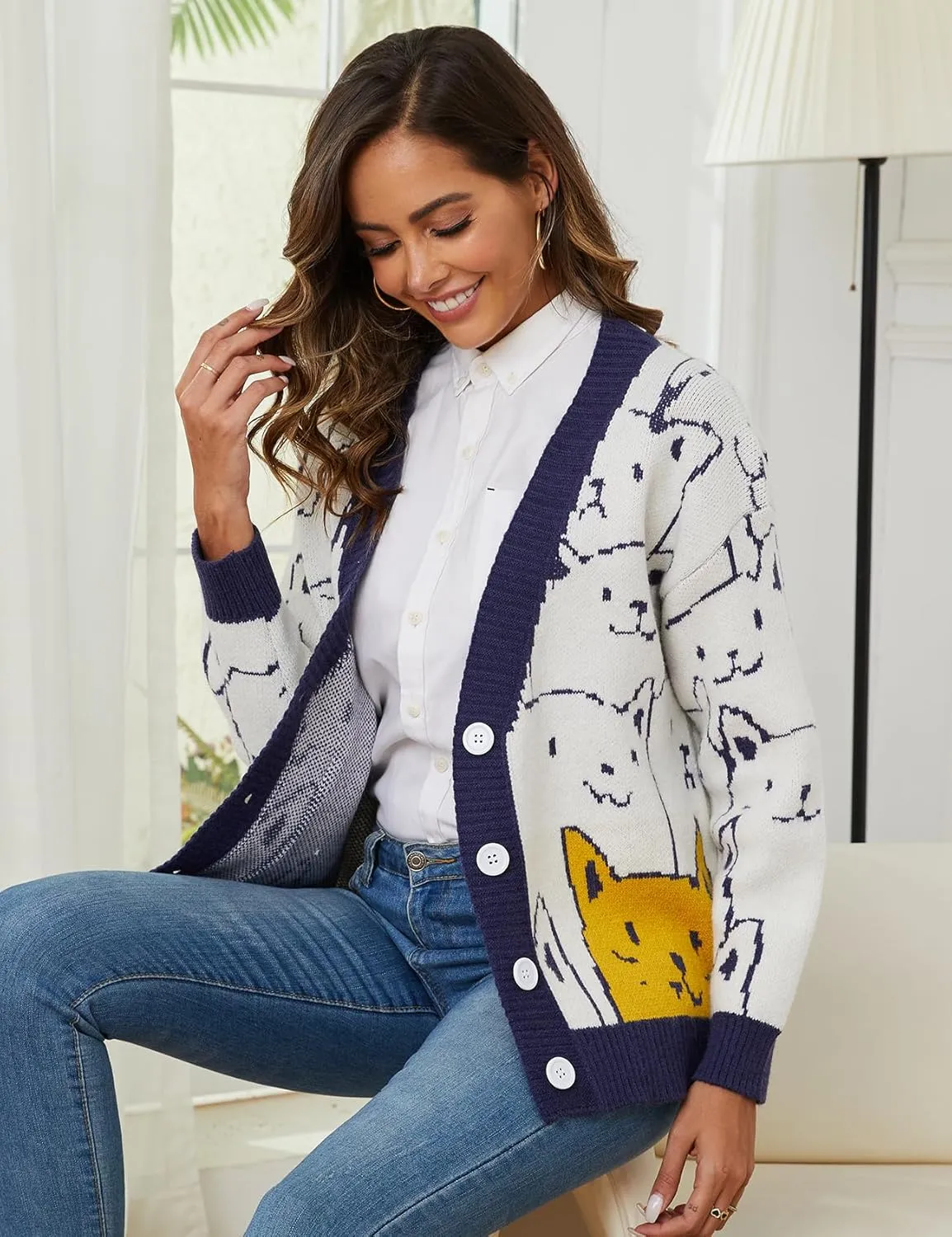 Yimoon Women's Kawaii Cat Cardigan Sweater Oversized V-Neck Button Down Knitted Loose Fit Cardigans