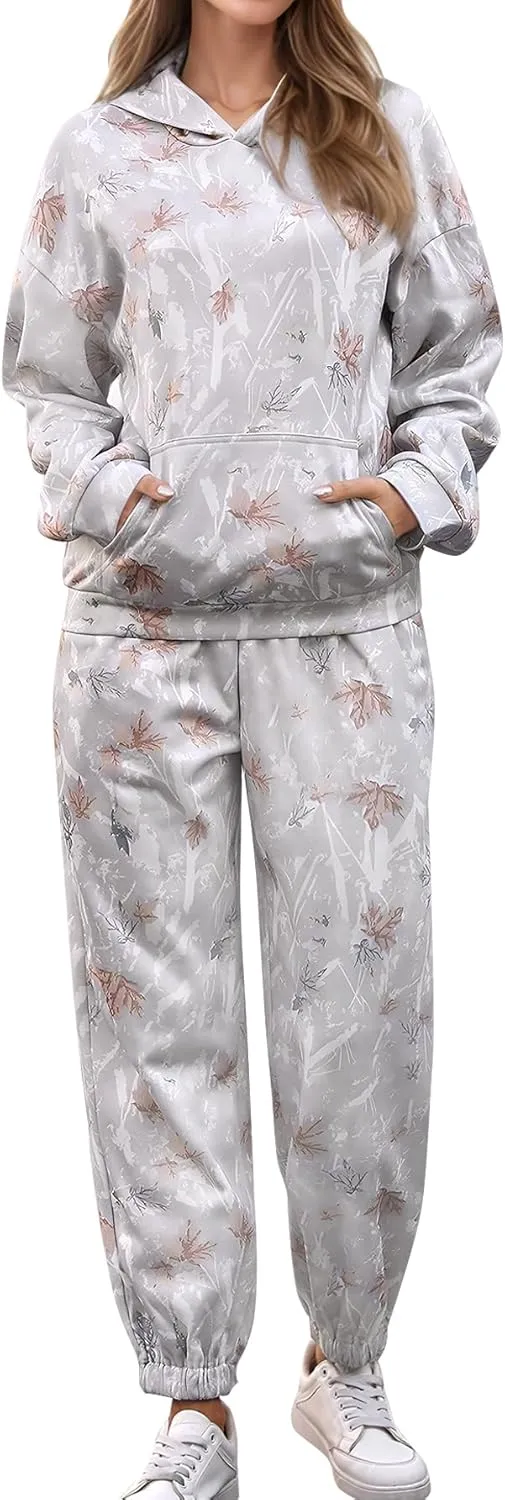 YKR Camo Sweatsuits for Women 2 Piece Outfit Camo Maple Leaf Hoodie Printed Fleece Sweatpants Lounge Sets