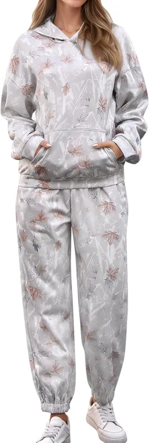 YKR Camo Sweatsuits for Women 2 Piece Outfit Camo Maple Leaf Hoodie Printed Fleece Sweatpants Lounge Sets