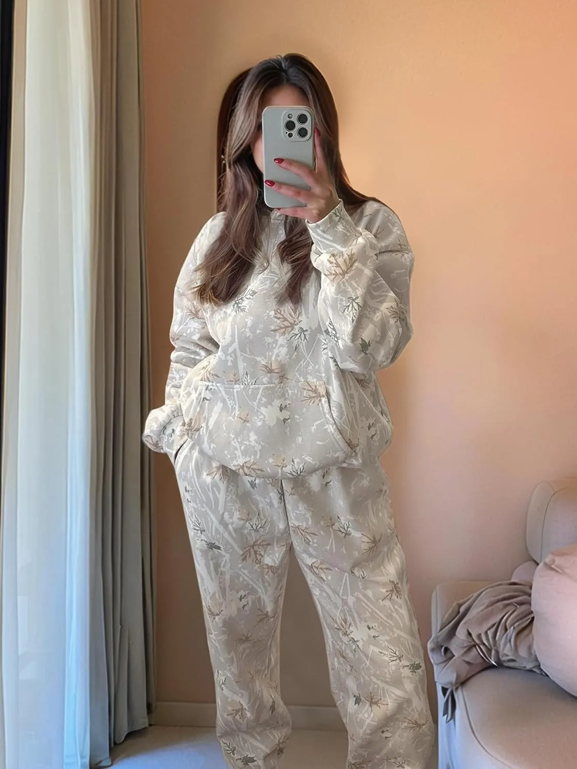 YKR Camo Sweatsuits for Women 2 Piece Outfit Camo Maple Leaf Hoodie Printed Fleece Sweatpants Lounge Sets