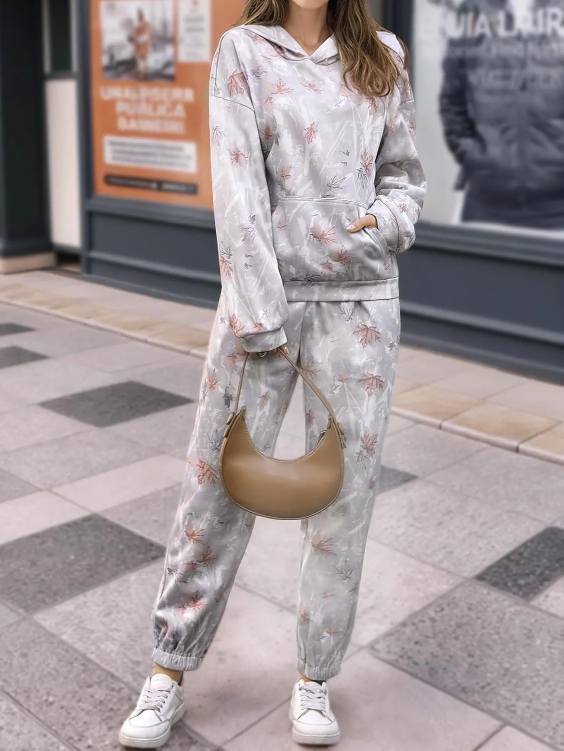YKR Camo Sweatsuits for Women 2 Piece Outfit Camo Maple Leaf Hoodie Printed Fleece Sweatpants Lounge Sets