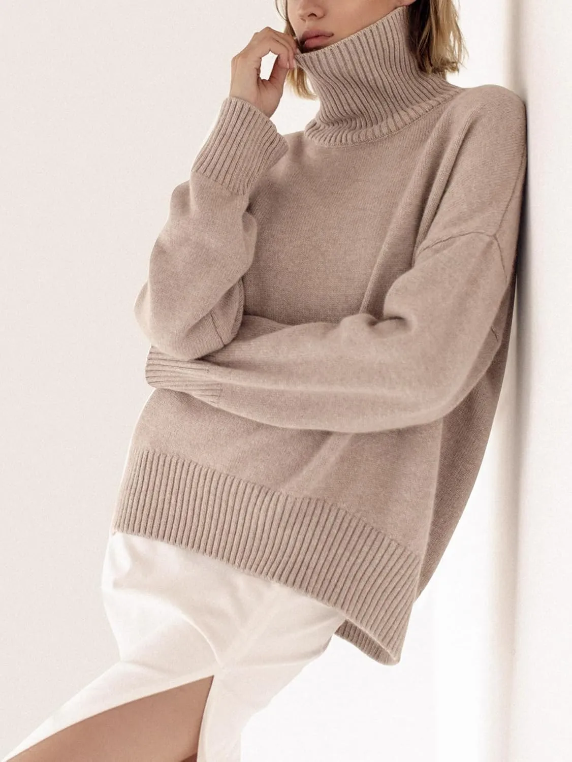 YKR Women's Turtleneck Sweater Chunky Long Sleeve Knitted Pullover High Low Hem Trendy 2024 Fall Winter Basic Jumper Top