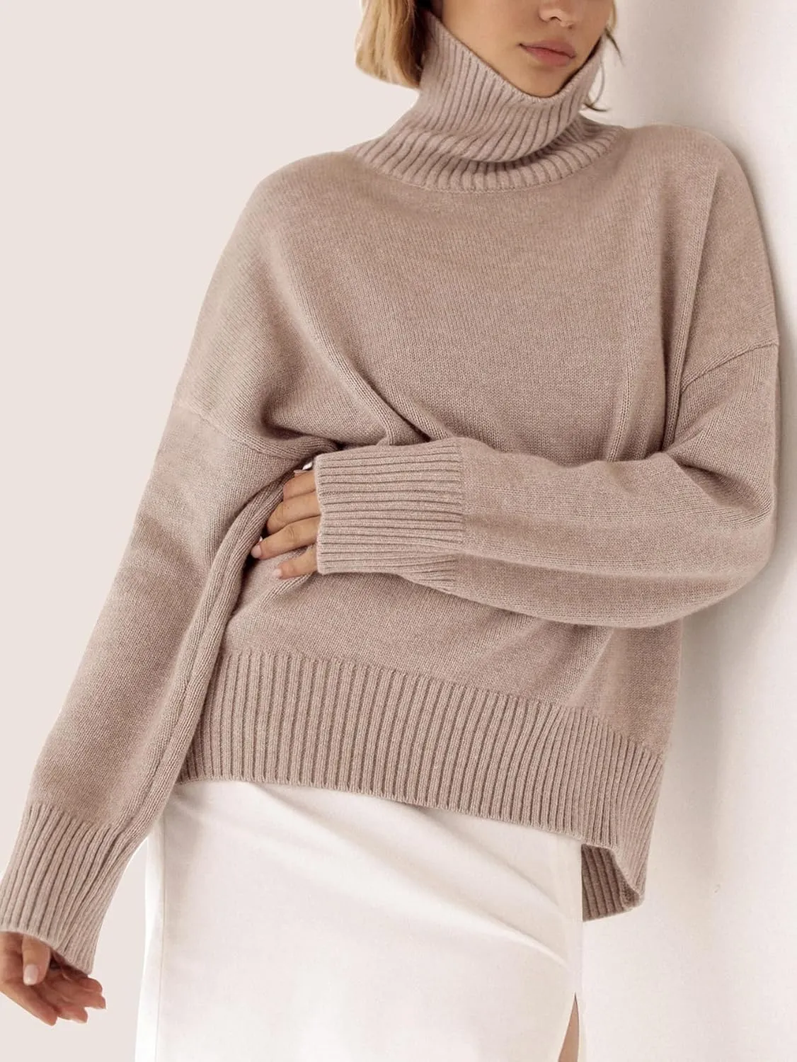 YKR Women's Turtleneck Sweater Chunky Long Sleeve Knitted Pullover High Low Hem Trendy 2024 Fall Winter Basic Jumper Top