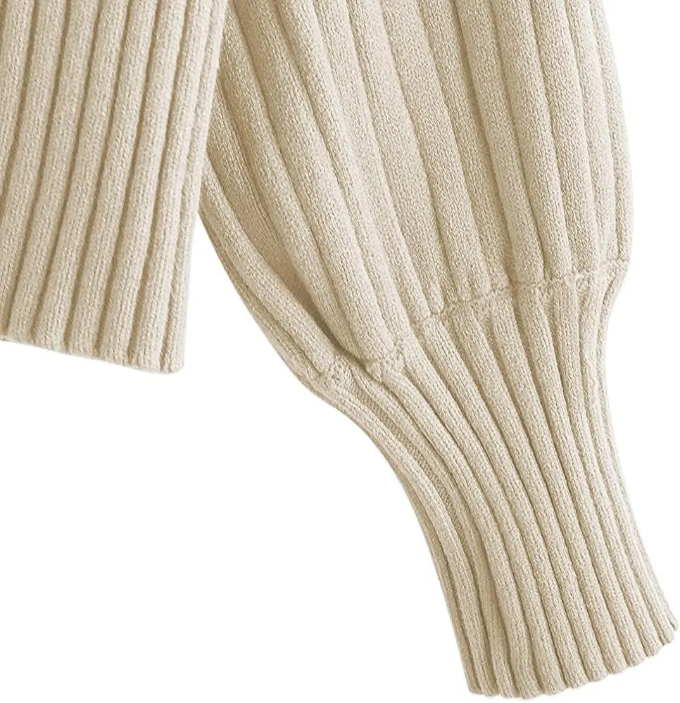 ZAFUL Women's Crew Neck Long Sleeve Pullover Crop Sweater Mock Neck Lantern Sleeve Ribbed Knit Cropped Sweater