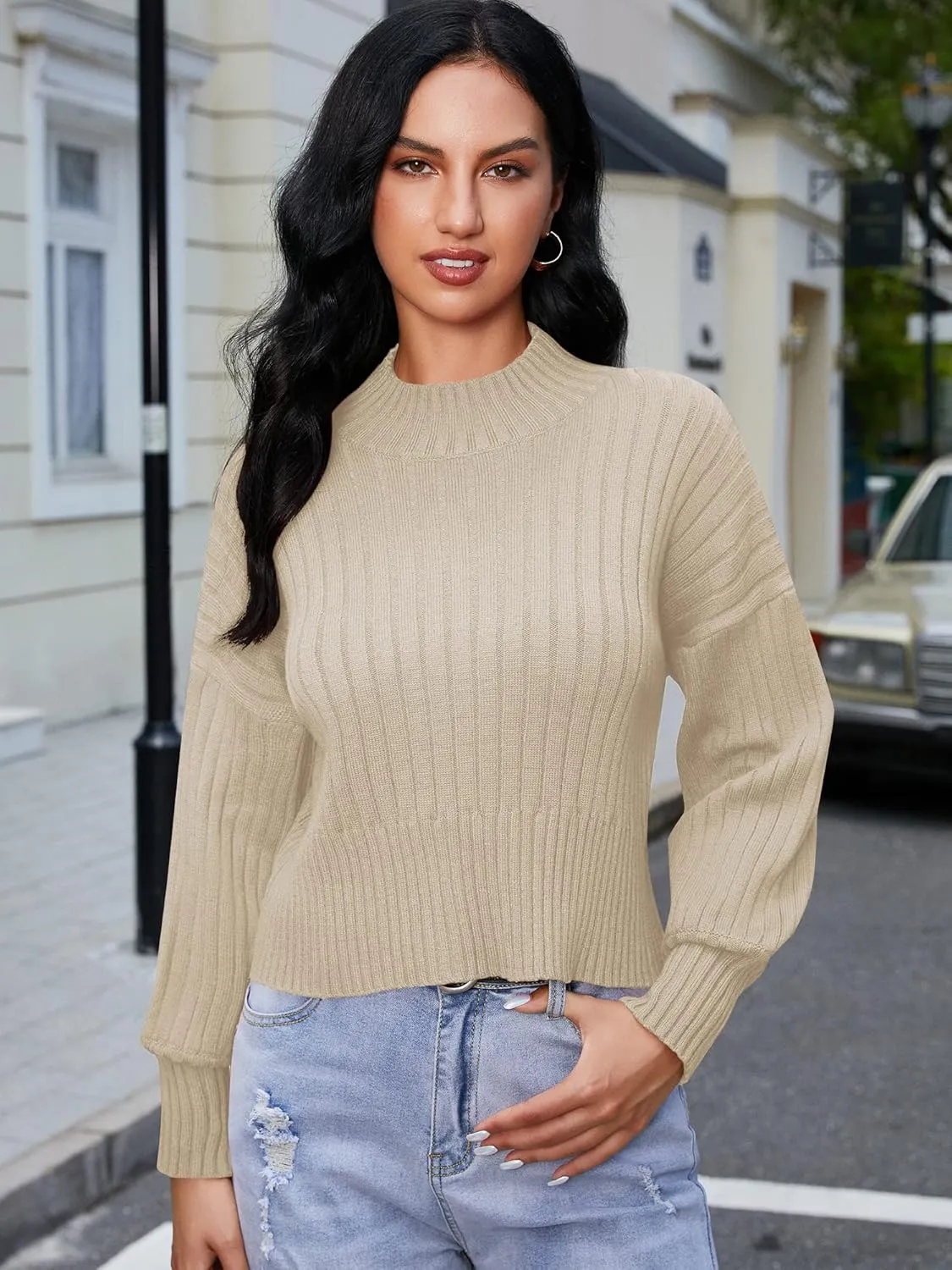 ZAFUL Women's Crew Neck Long Sleeve Pullover Crop Sweater Mock Neck Lantern Sleeve Ribbed Knit Cropped Sweater