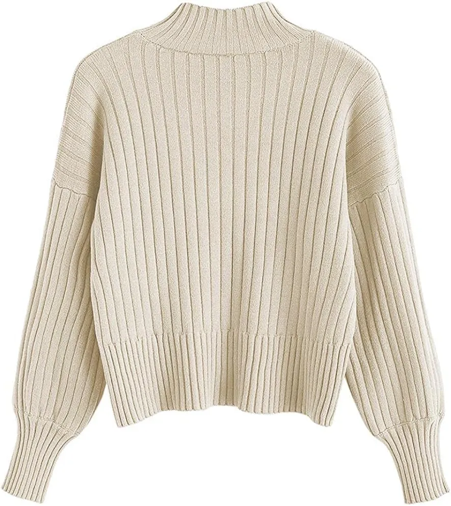 ZAFUL Women's Crew Neck Long Sleeve Pullover Crop Sweater Mock Neck Lantern Sleeve Ribbed Knit Cropped Sweater
