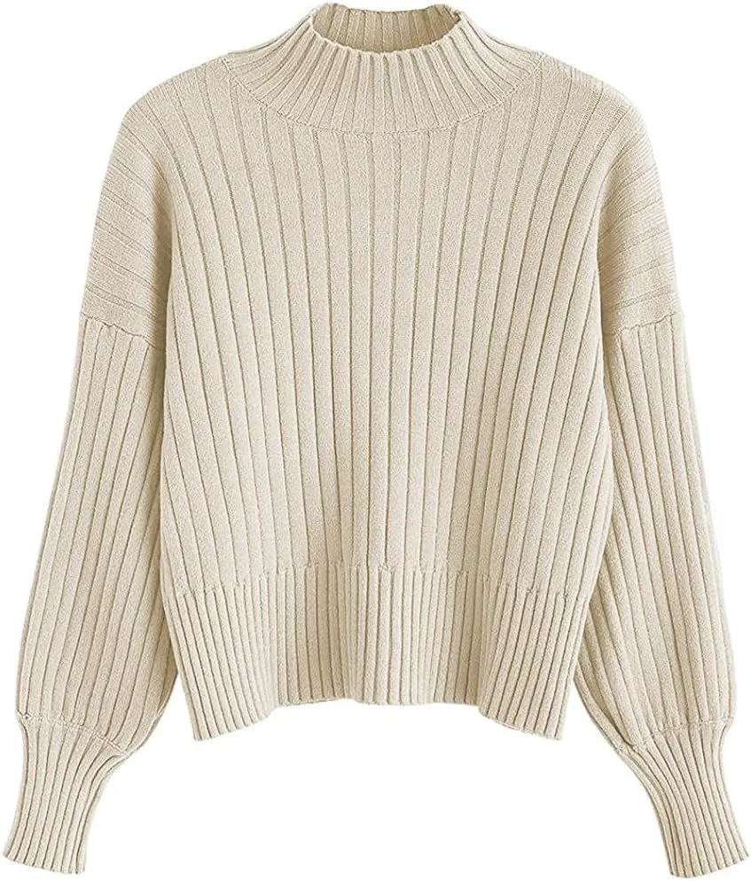 ZAFUL Women's Crew Neck Long Sleeve Pullover Crop Sweater Mock Neck Lantern Sleeve Ribbed Knit Cropped Sweater