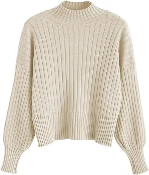 ZAFUL Women's Crew Neck Long Sleeve Pullover Crop Sweater Mock Neck Lantern Sleeve Ribbed Knit Cropped Sweater