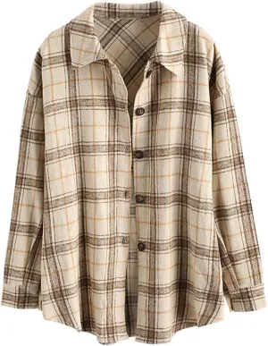 ZAFUL Women's Plaid Long Sleeve Shirt Button Down Thin Jacket Casual Flannel Plaid Shacket with Pocket