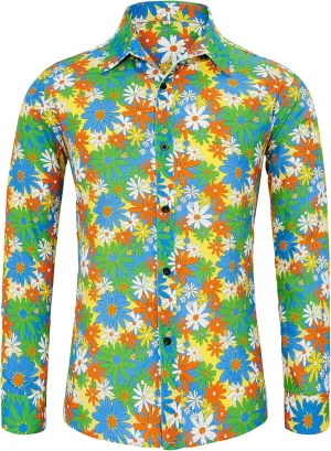 Zando Mens 70s Disco Shirt Retro Casual Button Down Disco Outfit Men Floral Vintage Long Sleeve Hip Hop Party Outfit Shirt