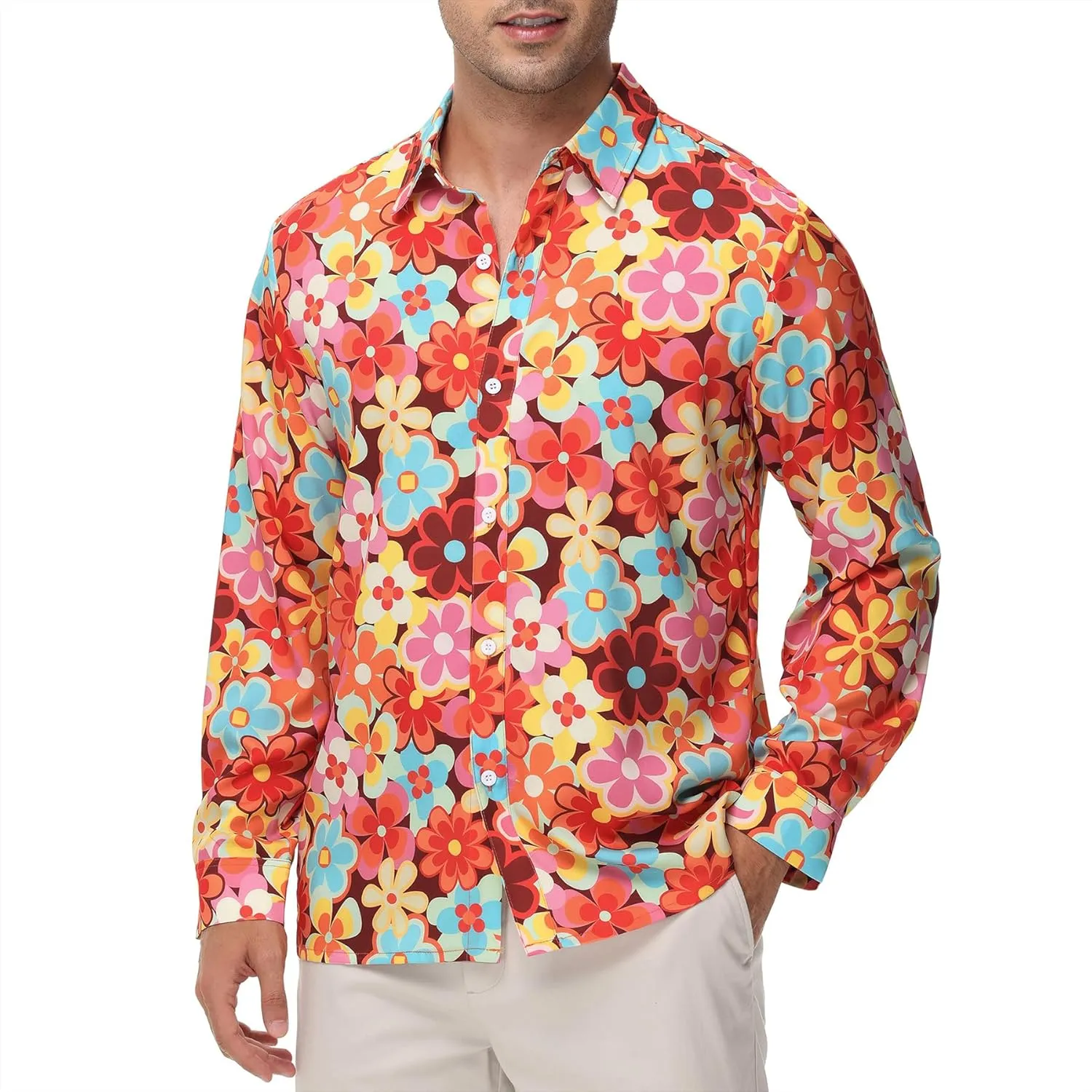 Zando Mens 70s Disco Shirt Retro Casual Button Down Disco Outfit Men Floral Vintage Long Sleeve Hip Hop Party Outfit Shirt