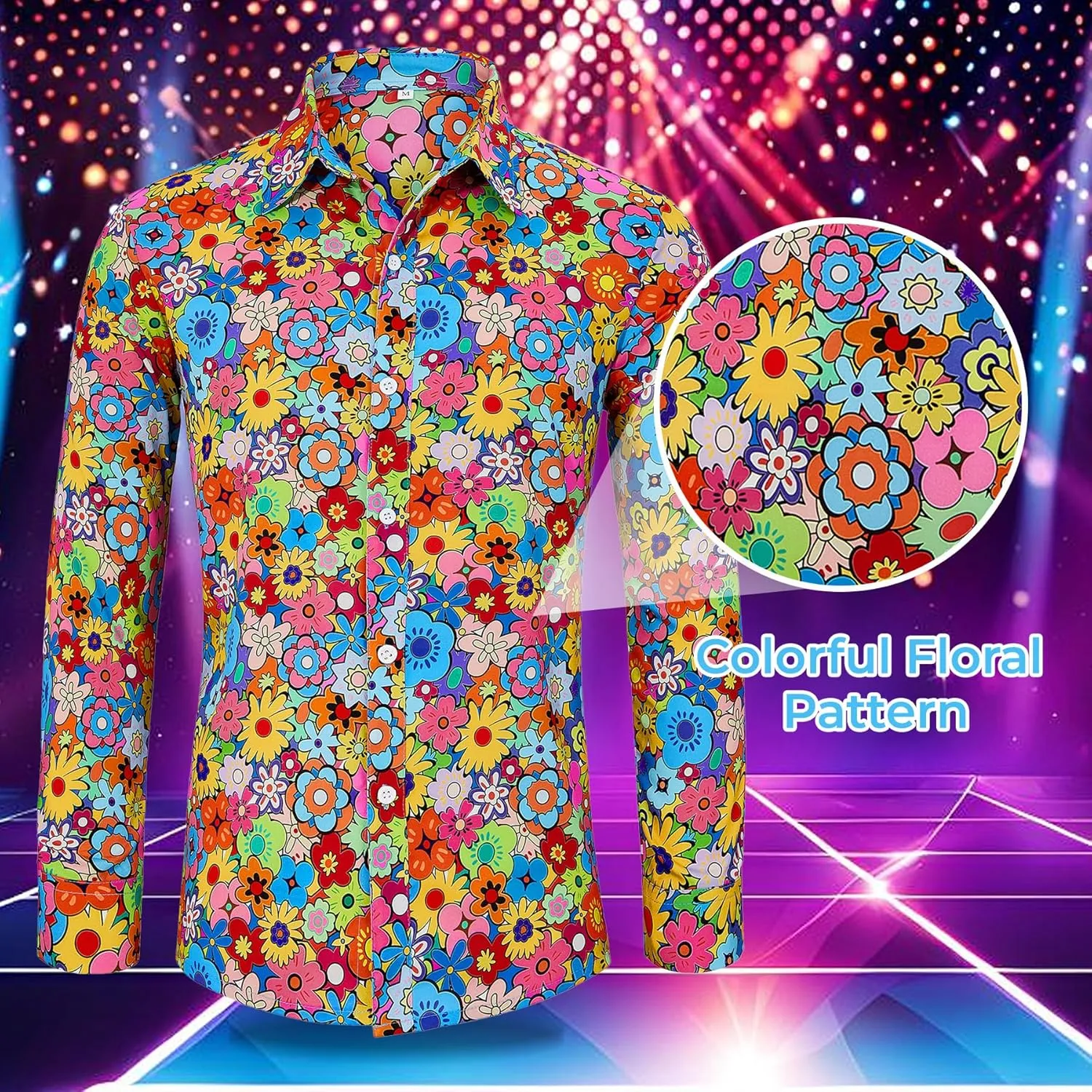 Zando Mens 70s Disco Shirt Retro Casual Button Down Disco Outfit Men Floral Vintage Long Sleeve Hip Hop Party Outfit Shirt