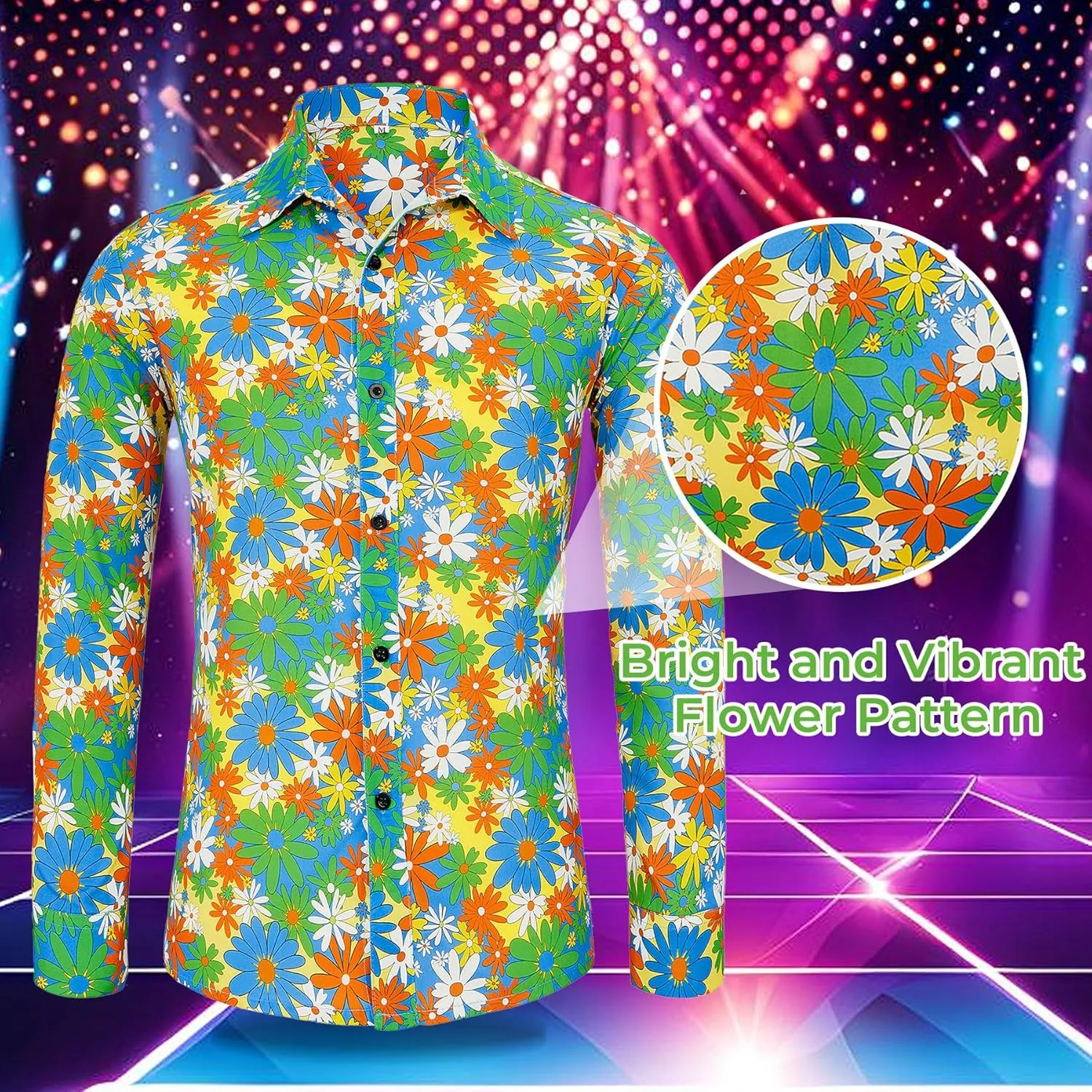 Zando Mens 70s Disco Shirt Retro Casual Button Down Disco Outfit Men Floral Vintage Long Sleeve Hip Hop Party Outfit Shirt