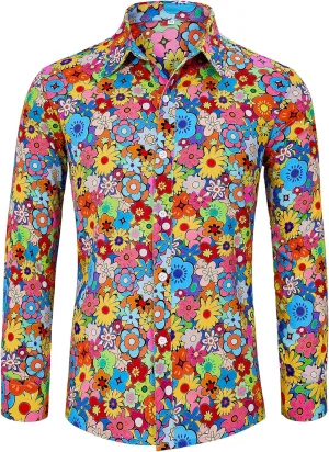 Zando Mens 70s Disco Shirt Retro Casual Button Down Disco Outfit Men Floral Vintage Long Sleeve Hip Hop Party Outfit Shirt
