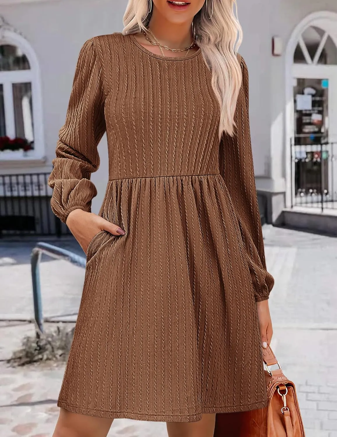Zeagoo Women's Casual Knit Sweater Dress with Pockets Crew Neck Long Sleeve A-Line Dresses for Women 2024 Fall Dresses