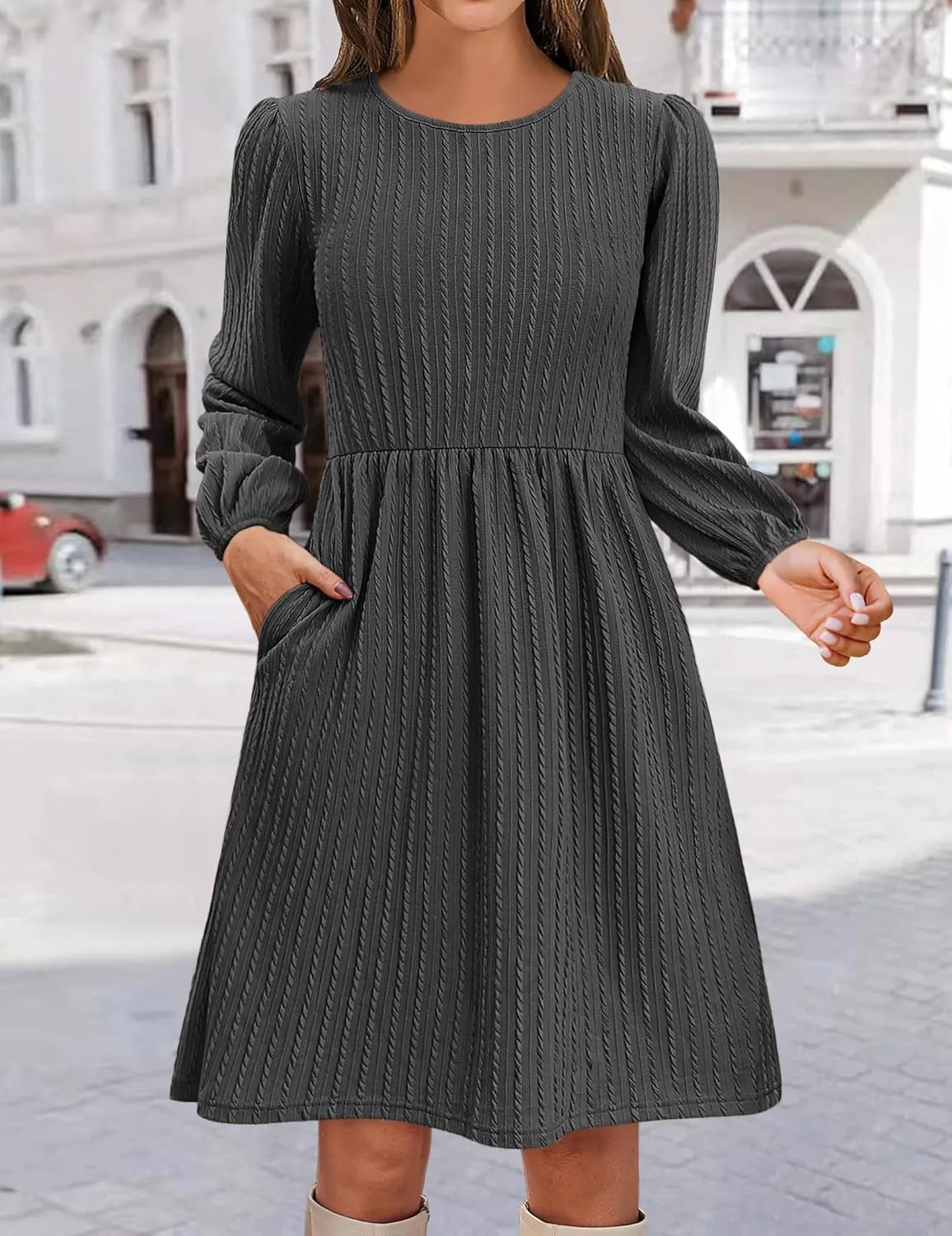 Zeagoo Women's Casual Knit Sweater Dress with Pockets Crew Neck Long Sleeve A-Line Dresses for Women 2024 Fall Dresses