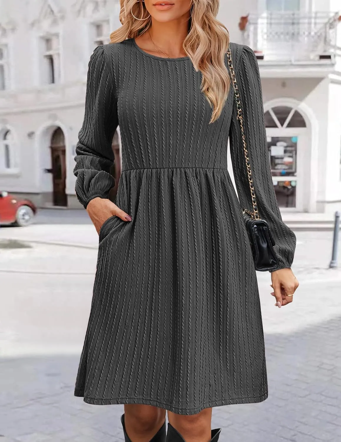Zeagoo Women's Casual Knit Sweater Dress with Pockets Crew Neck Long Sleeve A-Line Dresses for Women 2024 Fall Dresses