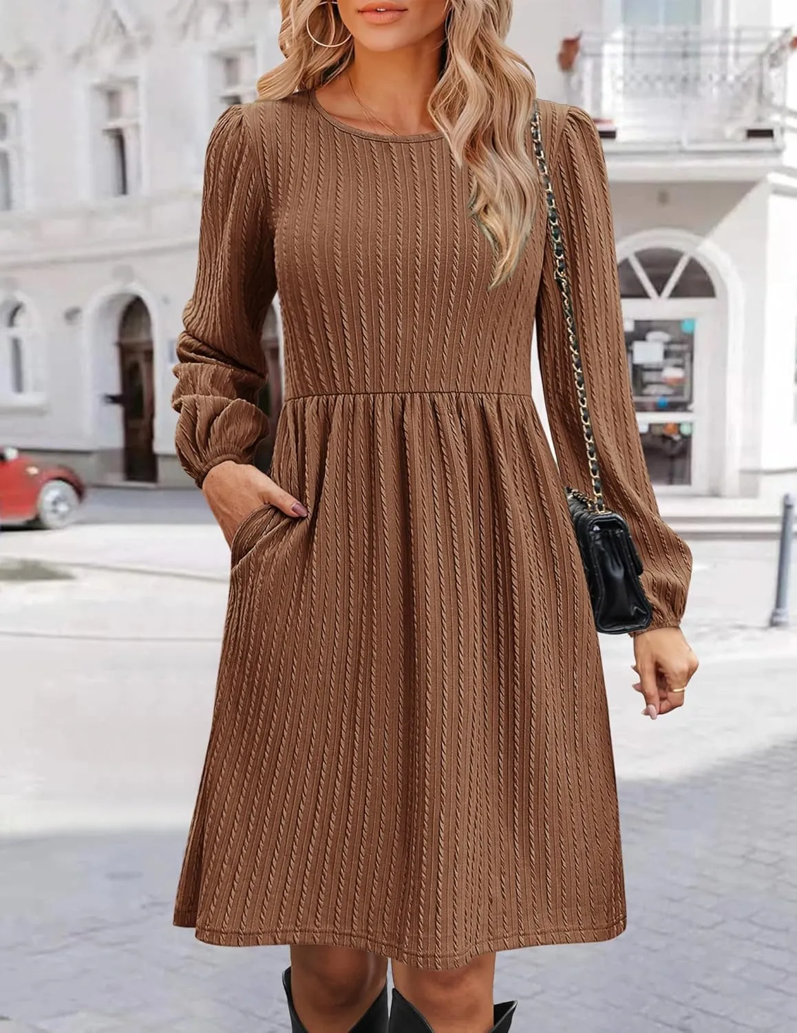 Zeagoo Women's Casual Knit Sweater Dress with Pockets Crew Neck Long Sleeve A-Line Dresses for Women 2024 Fall Dresses