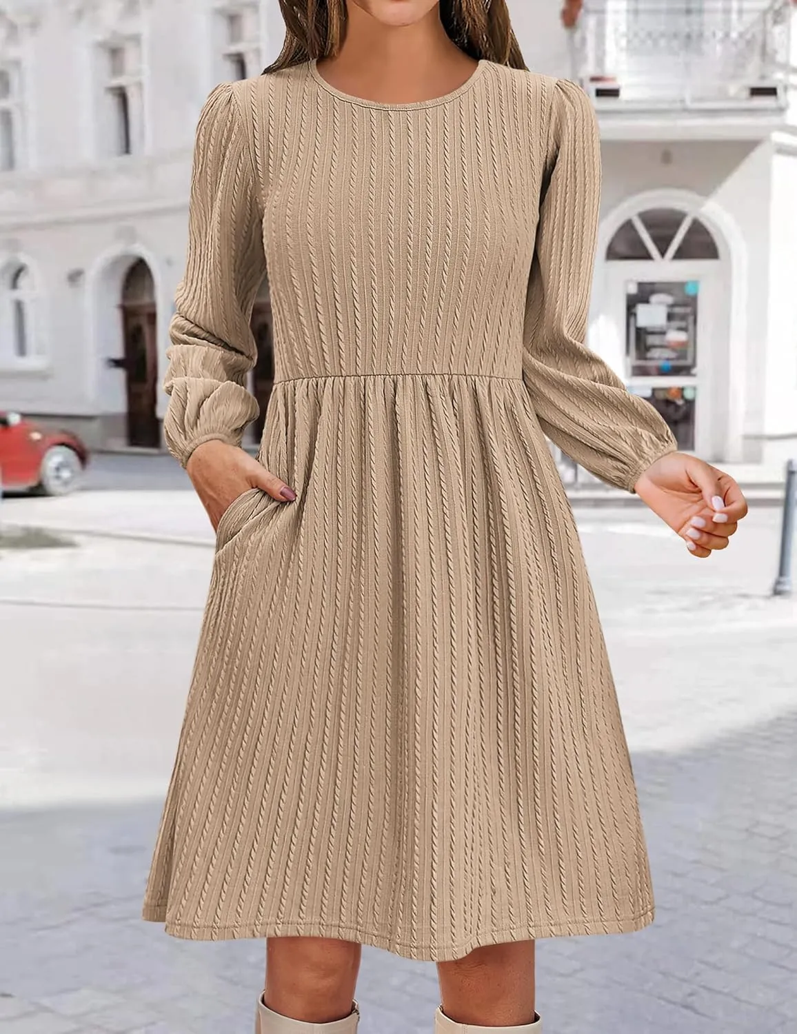 Zeagoo Women's Casual Knit Sweater Dress with Pockets Crew Neck Long Sleeve A-Line Dresses for Women 2024 Fall Dresses