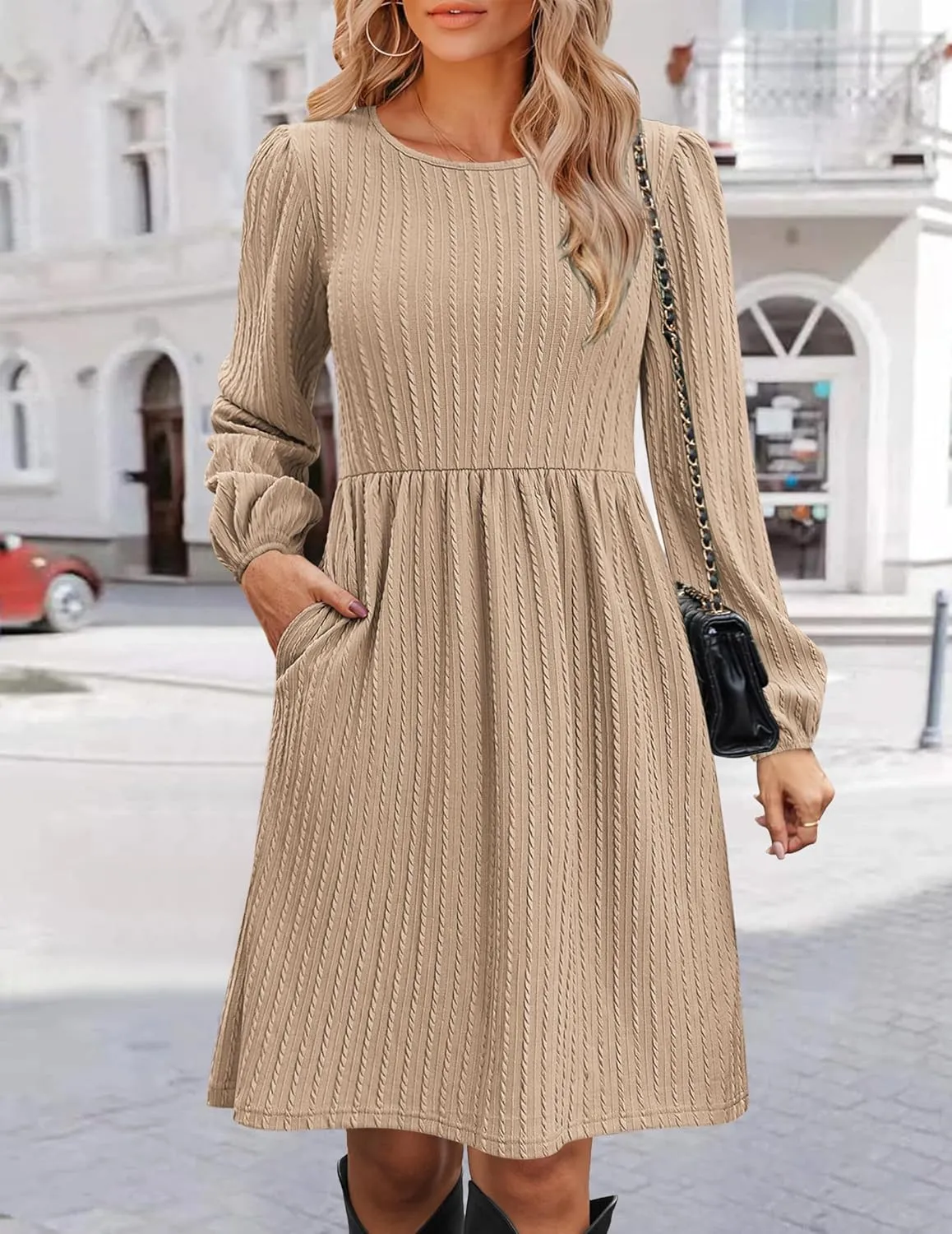 Zeagoo Women's Casual Knit Sweater Dress with Pockets Crew Neck Long Sleeve A-Line Dresses for Women 2024 Fall Dresses