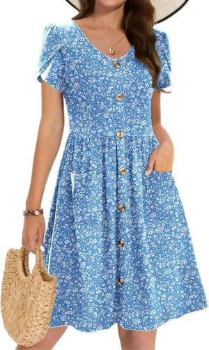 Zeagoo Womens Summer Dress Mini Petal Short Sleeve Dresses Pleated Button Down V Neck Floral Beach Swing Vacation Dress 2025