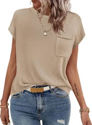 Zeagoo Womens Sweater Vest Fall 2024 Loose Fit Cape Sleeve Knit Ribbed Tank Tops with Front Pocket S-XXL