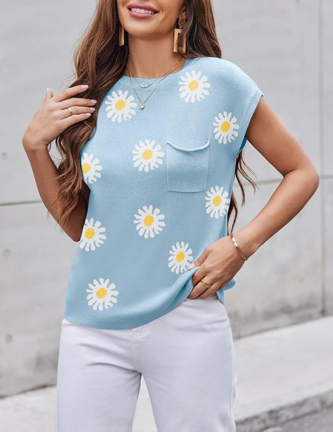 Zeagoo Womens Sweater Vest Fall 2025 Loose Fit Cape Sleeve Knit Ribbed Tank Tops with Front Pocket S-XXL
