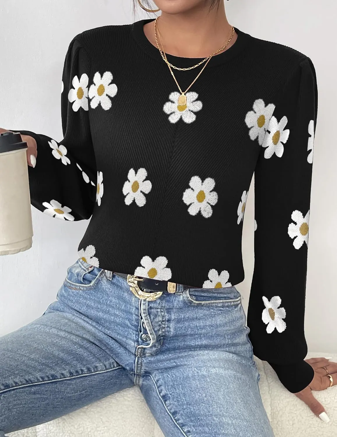 Zeagoo Womens Sweaters Fall 2024 Fashion Trendy Long Sleeve Sweaters Ribbed Knit Winter Outfits Puff Pullover Jumper Tops